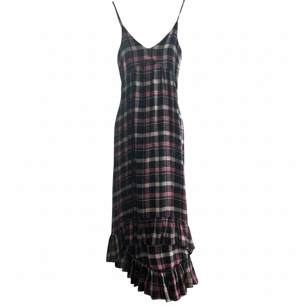 River Island Plaid Ruffle Hem Slip Dress in Black and Pink - Size 6